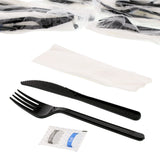 5 in 1 Cutlery Kit, Black, Medium Weight Polypropylene, Fork, Knife, Salt and Pepper Packets and Napkin