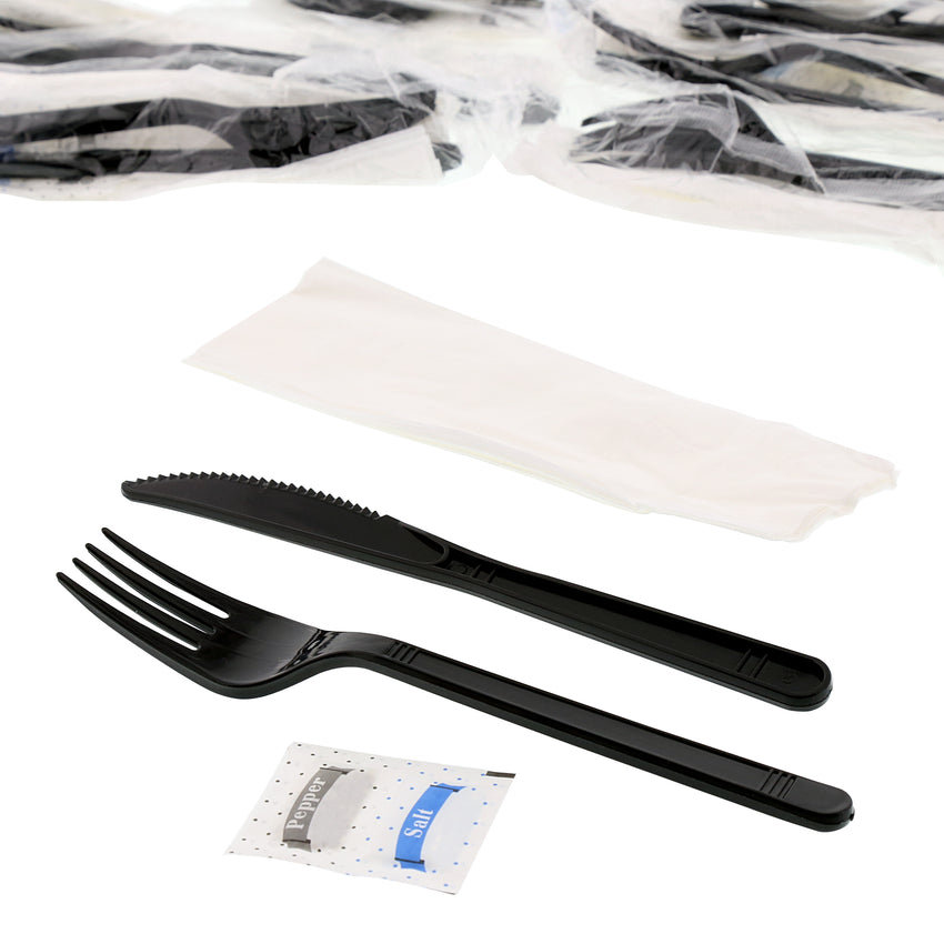 5 in 1 Cutlery Kit, Black, Medium Weight Polypropylene, Fork, Knife, Salt and Pepper Packets and Napkin