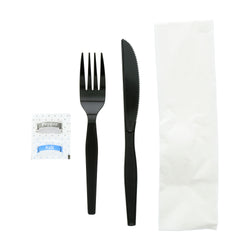 5 in 1 Cutlery Kit, Black, Medium Heavy Weight Polystyrene, Fork, Knife, Salt and Pepper Packets and Napkin