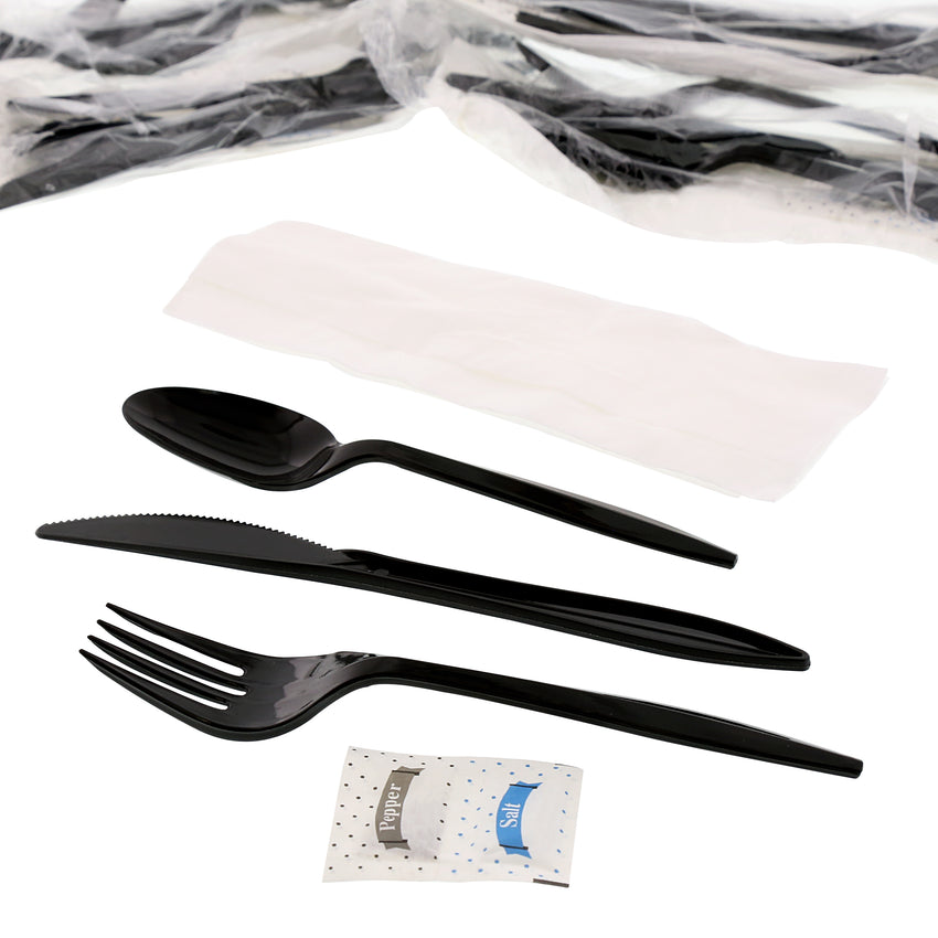 6 in 1 Cutlery Kit, Black, Medium Weight Polypropylene, Fork, Spoon, Knife, Salt And Pepper Packets and 12" x 13" Napkin