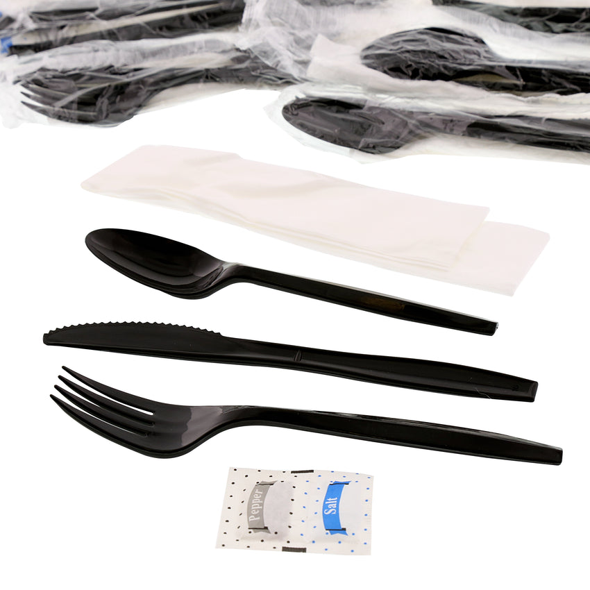 6 in 1 Cutlery Kit, Black, Medium Plus Weight Polypropylene, Fork, Spoon, Knife, Salt And Pepper Packets and Napkin