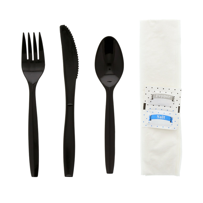 6 in 1 Cutlery Kit, Black, Medium Plus Weight Polypropylene, Fork, Spoon, Knife, Salt And Pepper Packets and Napkin