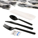 6 in 1 Cutlery Kit, Black, Medium Heavy Weight Polypropylene, Fork, Spoon, Knife, Salt And Pepper Packets and Napkin