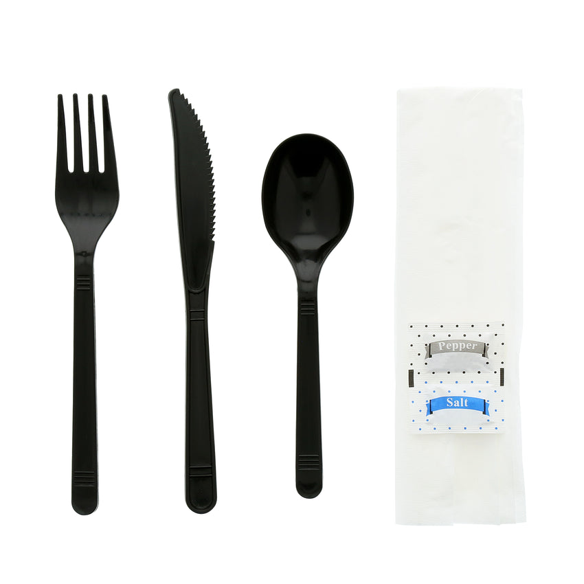 6 in 1 Cutlery Kit, Black, Medium Heavy Weight Polypropylene, Fork, Spoon, Knife, Salt And Pepper Packets and Napkin