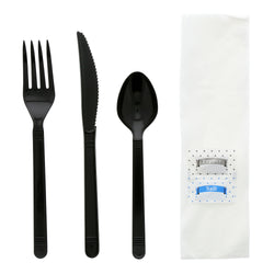 6 in 1 Cutlery Kit, Black, Heavy Weight Polypropylene, Fork, Teaspoon, Knife, Salt And Pepper Packets and Napkin