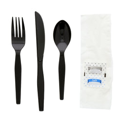 6 in 1 Cutlery Kit, Black, Medium Heavy Weight Polystyrene, Fork, Teaspoon, Knife, Salt And Pepper Packets and Napkin