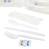 6 in 1 Cutlery Kit, White, Medium Heavy Weight Polystyrene, Fork, Teaspoon, Knife, Salt And Pepper Packets and Napkin