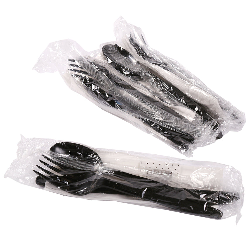 6 in 1 Cutlery Kit, Black, Heavy Weight Polystyrene, Fork, Teaspoon, Knife, Salt And Pepper Packets and 13" x 17" Napkin