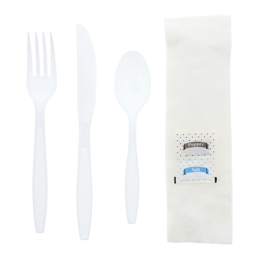 6 in 1 Cutlery Kit, White, Heavy Weight Polystyrene, Fork, Spoon, Knife, Salt And Pepper Packets and 13" x 17" Napkin