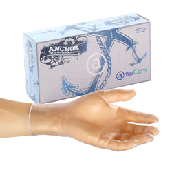 Anchor Vinyl Gloves, Lightly Powdered, Inner Box Of Gloves and Glove On Hand