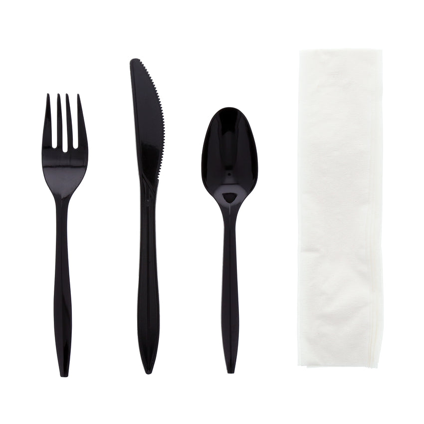 4 in 1 Cutlery Kit, Series P203, Black, Medium Weight Polypropylene, Fork, Knife, Spoon and 12" x 13" Napkin