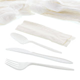 4 in 1 Cutlery Kit, Series P203, White, Medium Weight Polypropylene, Fork, Knife, Spoon and 12" x 13" Napkin, Angled View