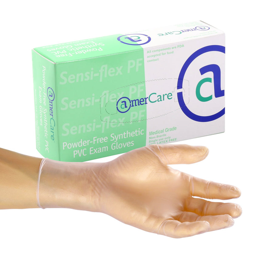 Sensi-Flex Vinyl Gloves, Exam Grade, Powder Free, Inner Box Of Gloves and Glove On Hand