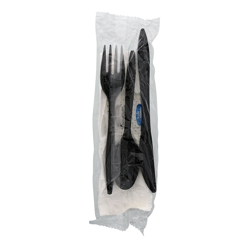 6 in 1 Cutlery Kit, Black, Medium Weight Polypropylene, Fork, Spoon, Knife, Salt And Pepper Packets and 12" x 13" Napkin