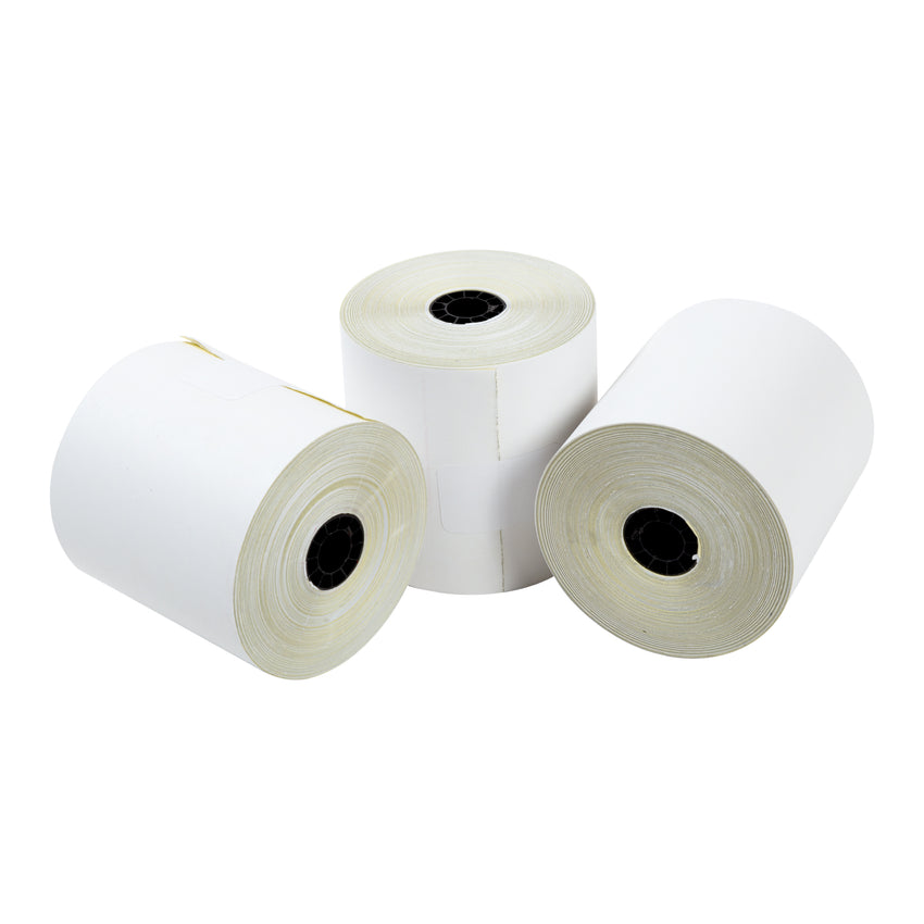 POS Tray, 3" x 90' 2-Ply Carbonless Register Rolls, Photo of Three Rolls