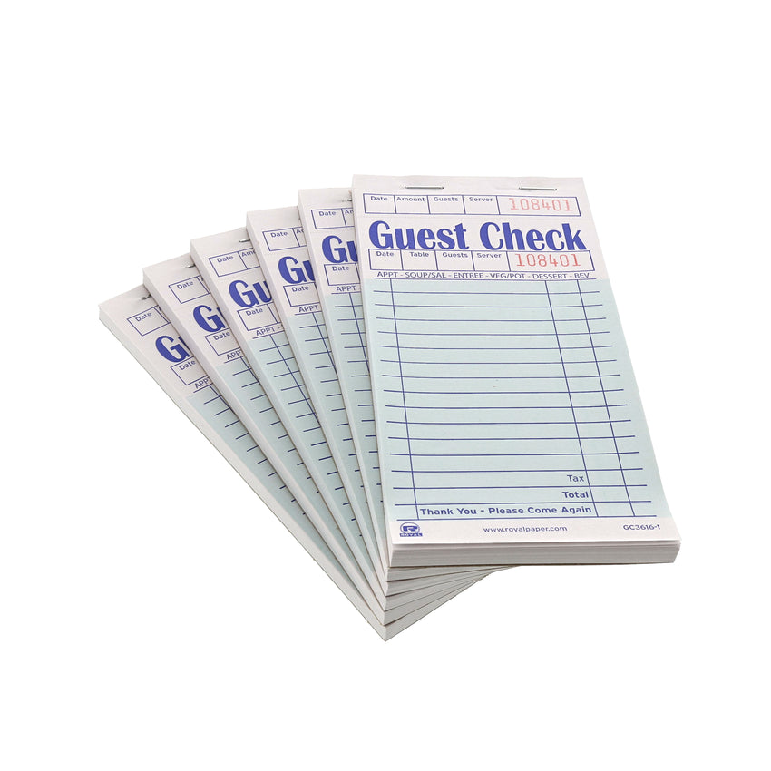 Green Guest Check 1-Part Booked, 16 lines, Pile of Six Guest Checks