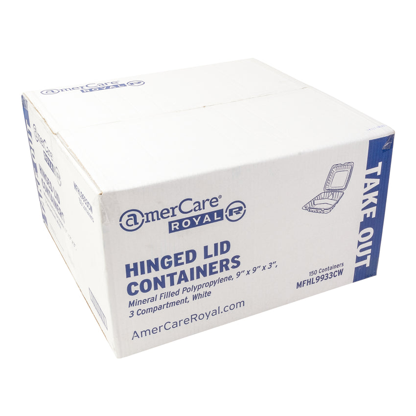 Mineral Filled PP Container, Hinged Lid, 9X9X3, 3 Comp, White, Closed Case