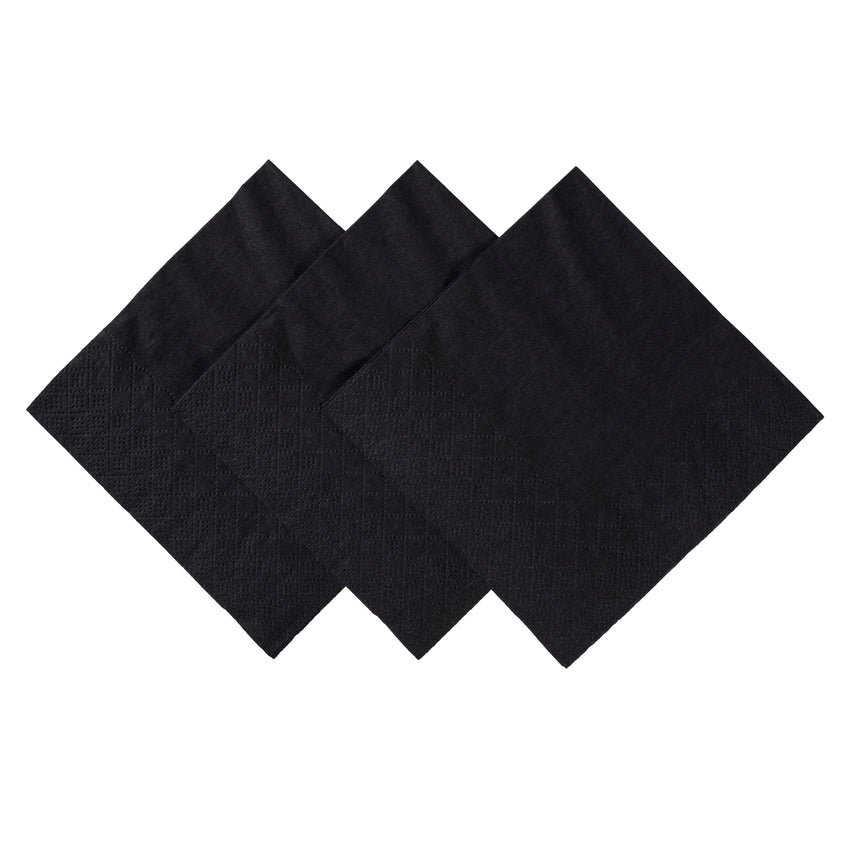 BLACK BEVERAGE NAPKINS 9.5" x 9.5", Three Napkins Stacked Side by Side