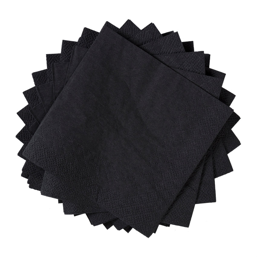 BLACK BEVERAGE NAPKINS 9.5" x 9.5", Group Of Napkins Fanned In Circular Orientation