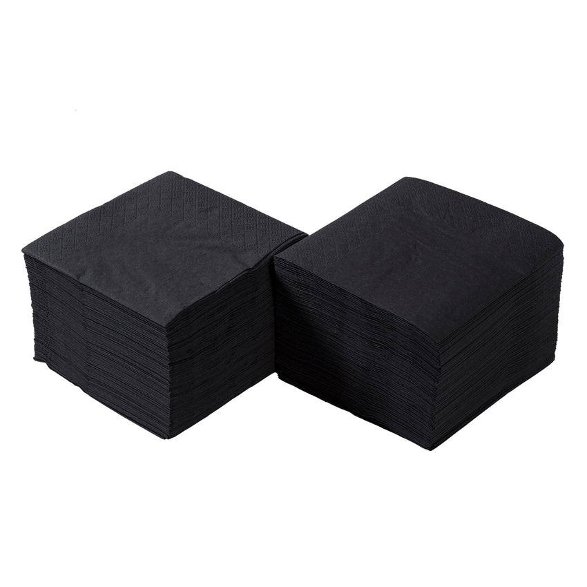 BLACK BEVERAGE NAPKINS 9.5" x 9.5", Two Stacks Of Napkins Placed Side By Side