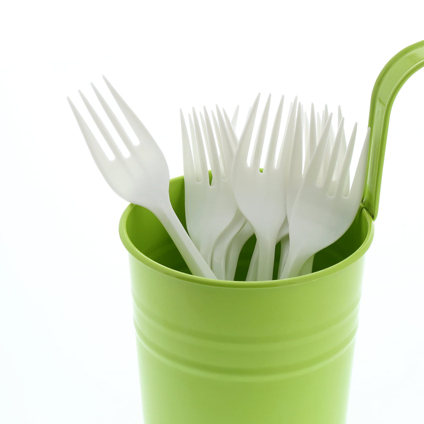 White Polypropylene Fork, Medium Weight, Image of Cutlery In A Cup