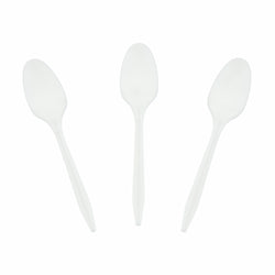 White Polypropylene Teaspoon, Medium Weight, Three Teaspoons Fanned Out