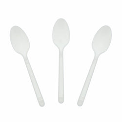 White Polypropylene Teaspoon, Medium Heavy Weight, Three Teaspoons Fanned Out