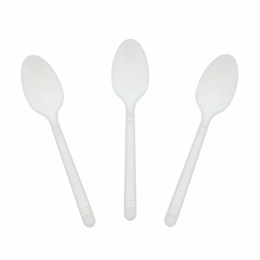 White Polypropylene Teaspoon, Medium Heavy Weight, Three Teaspoons Fanned Out