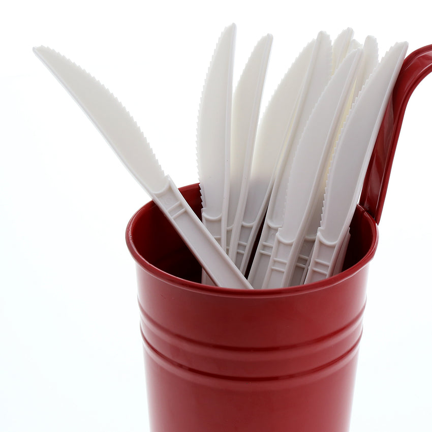 White Polypropylene Knife, Heavy Weight, Image of Cutlery In A Cup