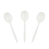 White Polypropylene Soup Spoon, Medium Weight, Three Spoons Fanned Out