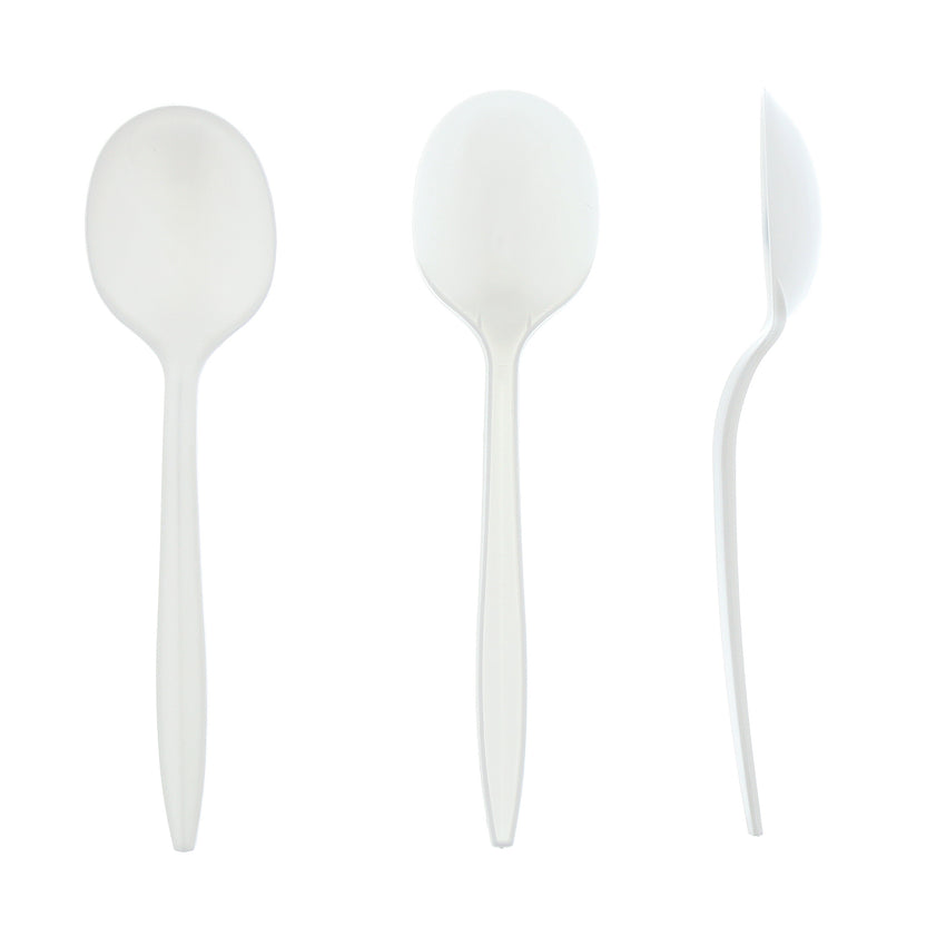 White Polypropylene Soup Spoon, Medium Weight, Three Spoons Side by Side