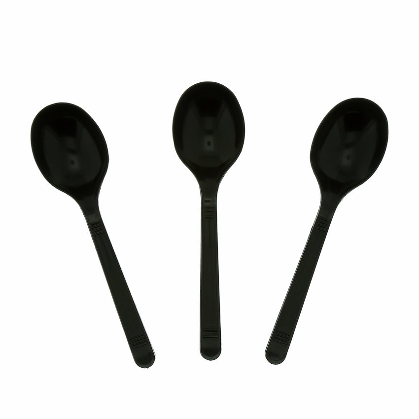 Black Polypropylene Soup Spoon, Medium Heavy Weight, Three Spoons Fanned Out