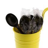 Black Polypropylene Soup Spoon, Medium Heavy Weight, Individually Wrapped, Image of Cutlery In A Cup