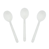 White Polypropylene Soup Spoon, Heavy Weight, Three Spoons Fanned Out