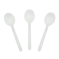 White Polypropylene Soup Spoon, Heavy Weight, Three Spoons Fanned Out