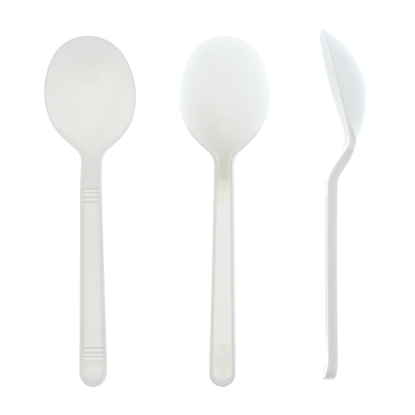 White Polypropylene Soup Spoon, Heavy Weight, Three Spoons Side by Side