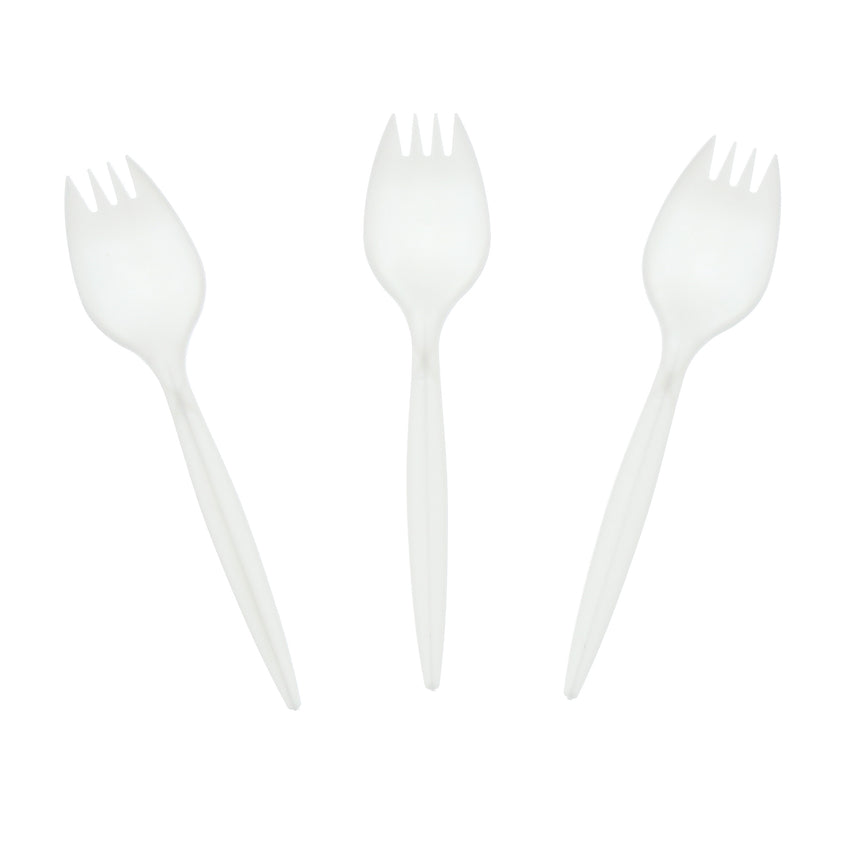 White Polypropylene Spork, Medium Weight, Three Sporks Fanned Out