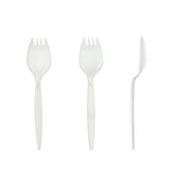 White Polypropylene Spork, Medium Weight, Three Sporks Side by Side