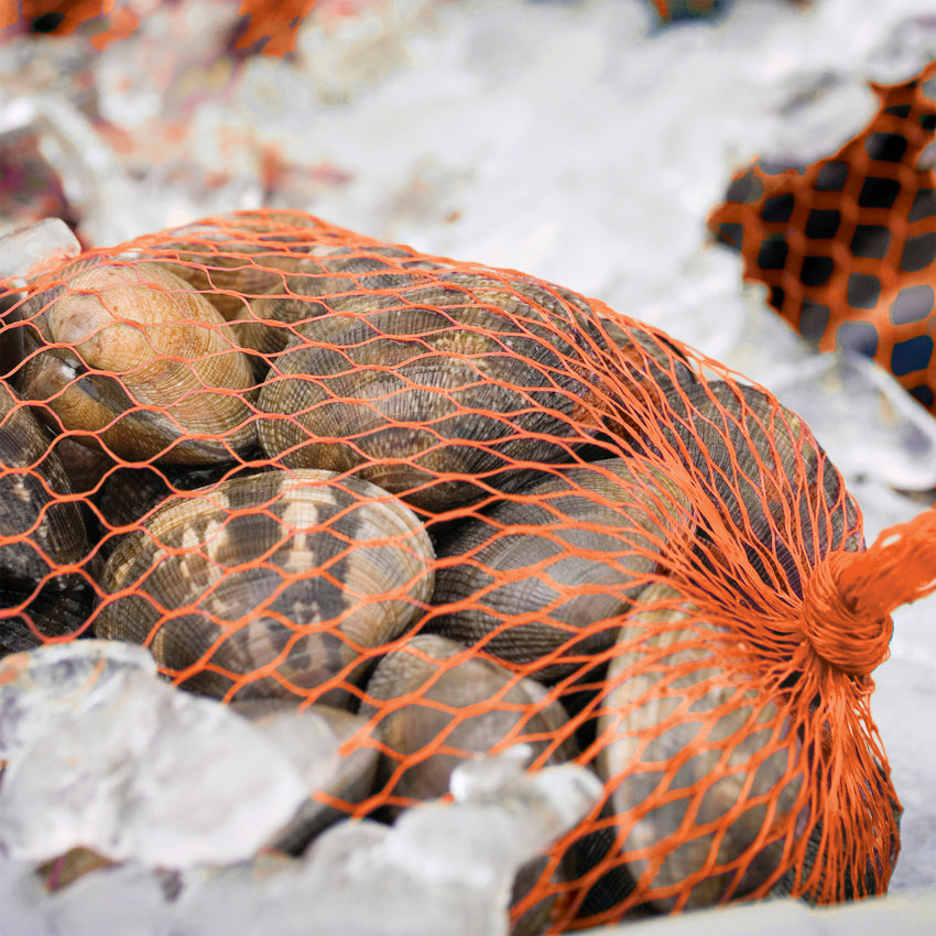 PLASTIC MESH BAG ORANGE 24", Bag Filled With Clams