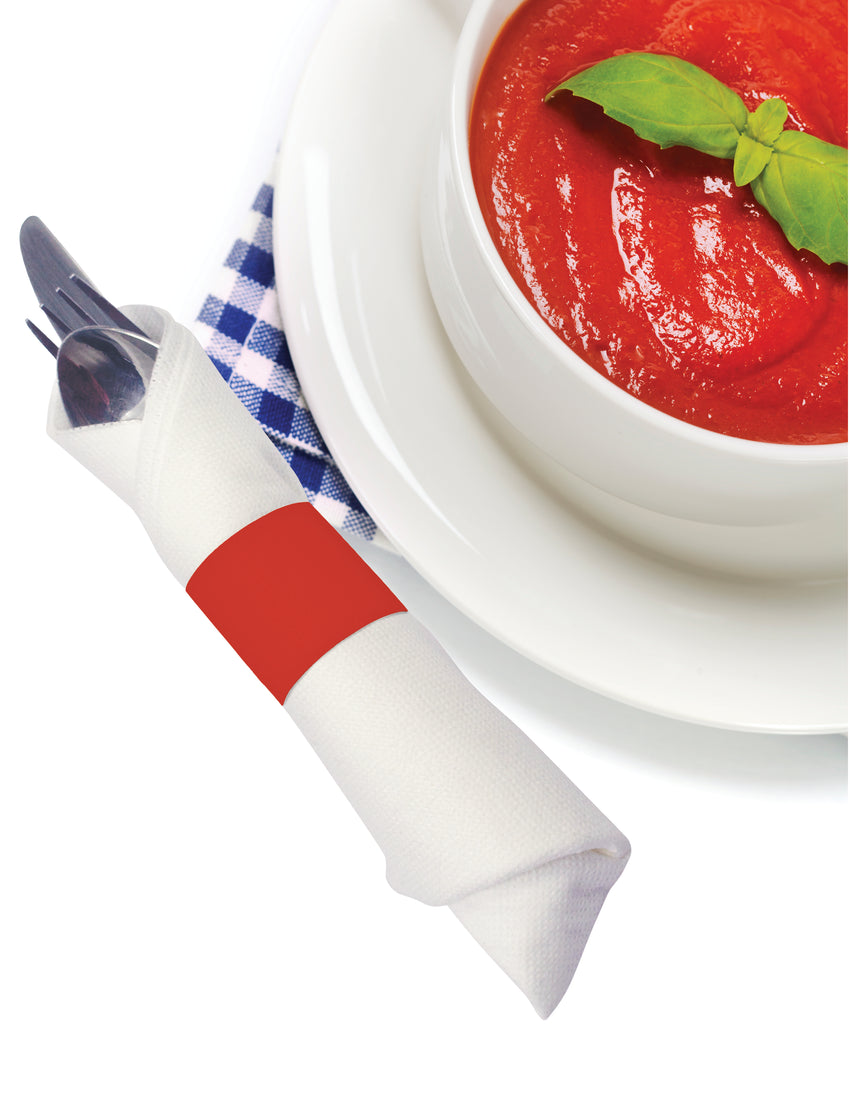 PAPER NAPKIN BAND RED, Napkin Band And Utensils Beside Bowl Of Soup