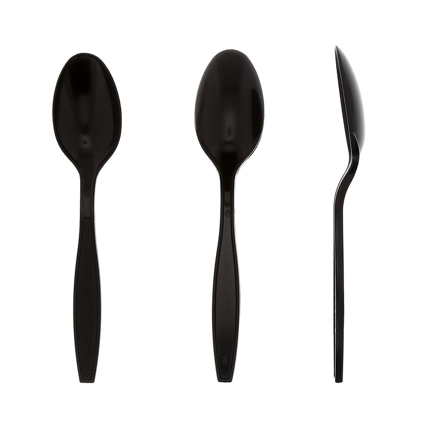 Black Polystyrene Teaspoon, Heavy Weight, Three Teaspoons Side by Side