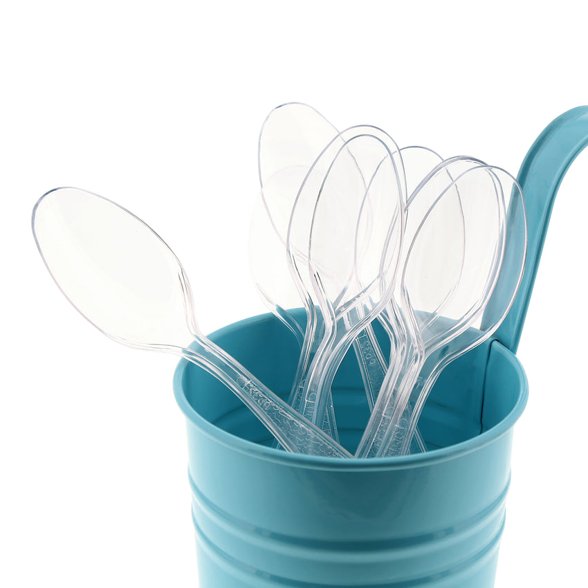 Clear Polystyrene Teaspoon, Heavy Weight, Image of Cutlery In A Cup