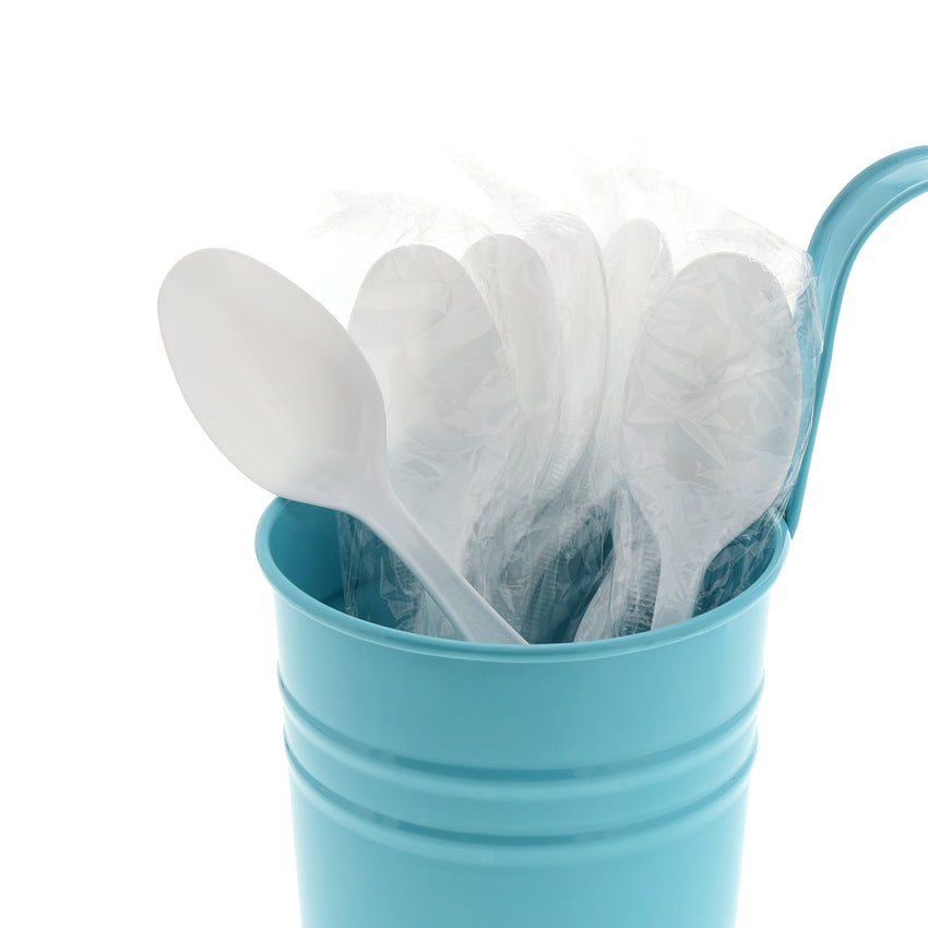 White Polystyrene Teaspoon, Heavy Weight, Individually Wrapped, Image of Cutlery In A Cup