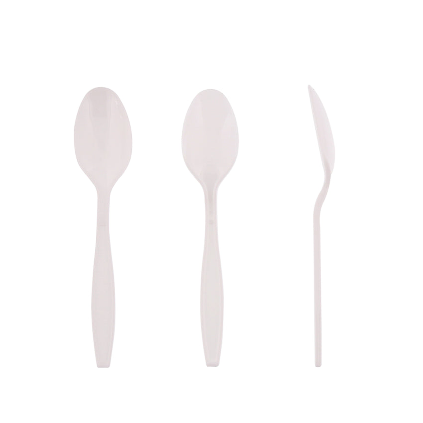 White Polystyrene Teaspoon, Heavy Weight, Front, Back and Side View