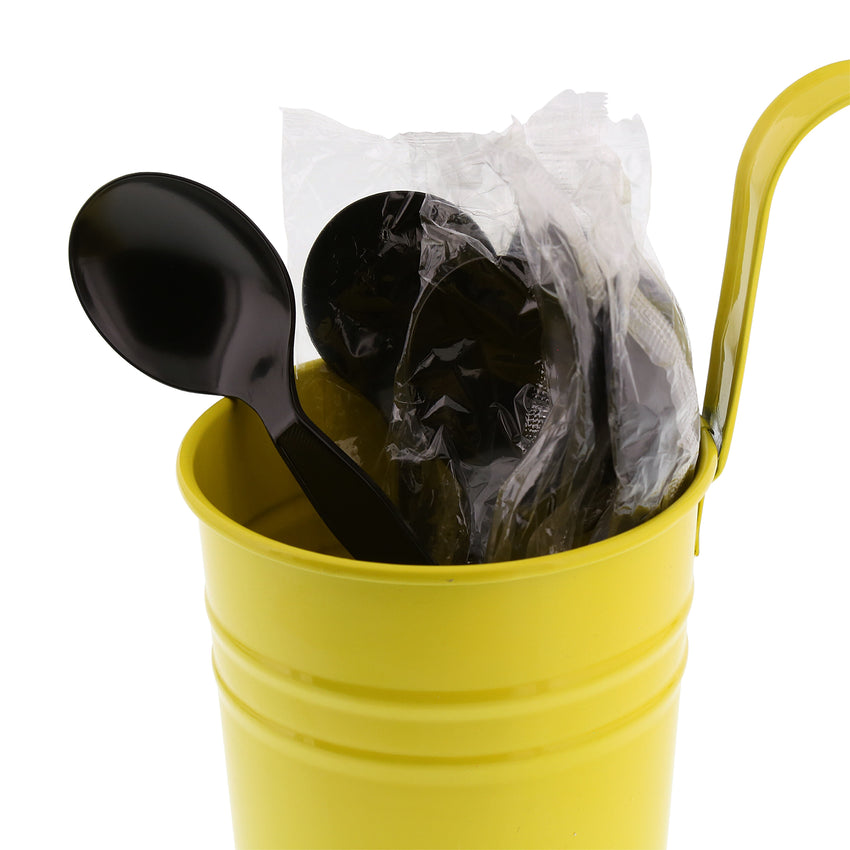 Black Polystyrene Soup Spoon, Medium Heavy Weight, Individually Wrapped, Image of Cutlery In A Cup