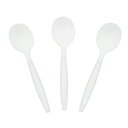 White Polystyrene Soup Spoon, Heavy Weight, Three Spoons Fanned Out