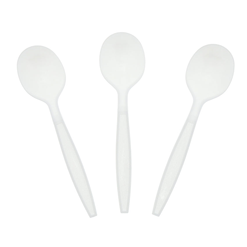 White Polystyrene Soup Spoon, Heavy Weight, Three Spoons Fanned Out