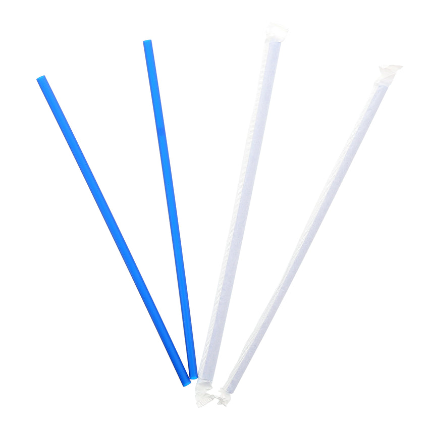 10.25" Giant Straw, Blue, Paper Wrapped, Two Unwrapped Straws and Two Wrapped Straws