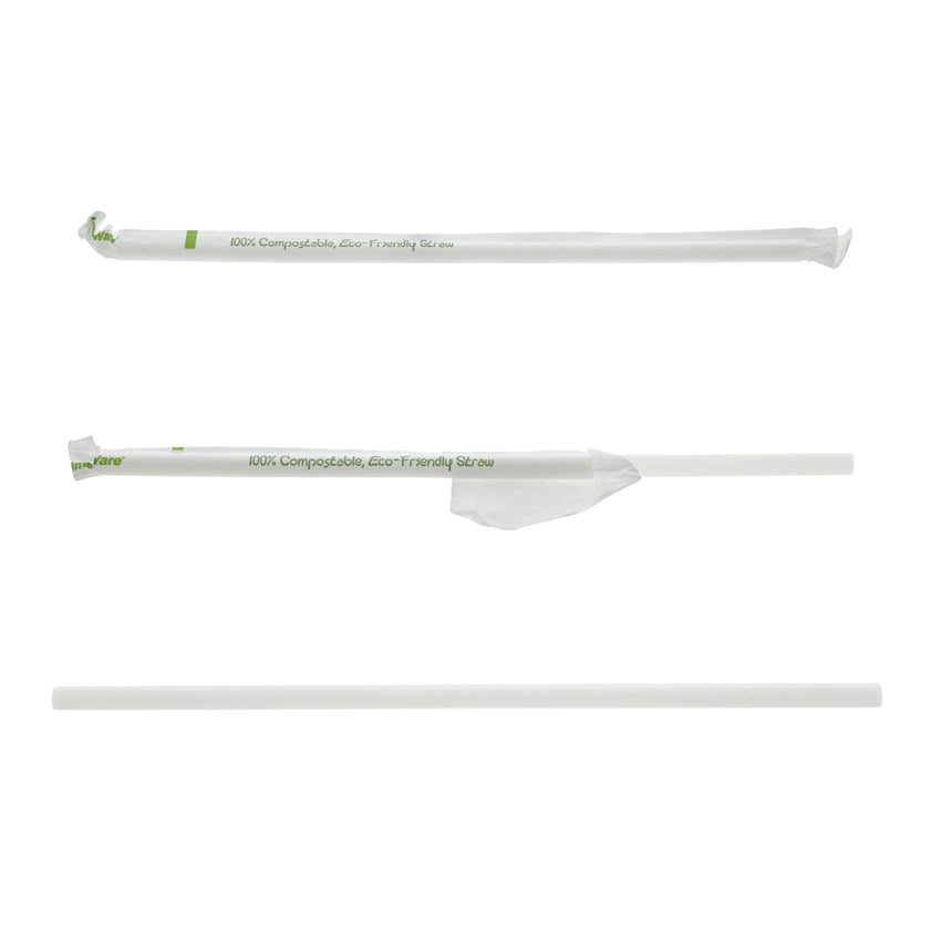 7.75" JUMBO CLEAR PAPER WRAPPED PLA STRAW, 3 Straw View, Wrapped To Unwrapped Sequence