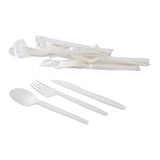 CPLA Wrapped Cutlery Kits, Pile of Kits and Unwrapped Spoon, Fork and Knife